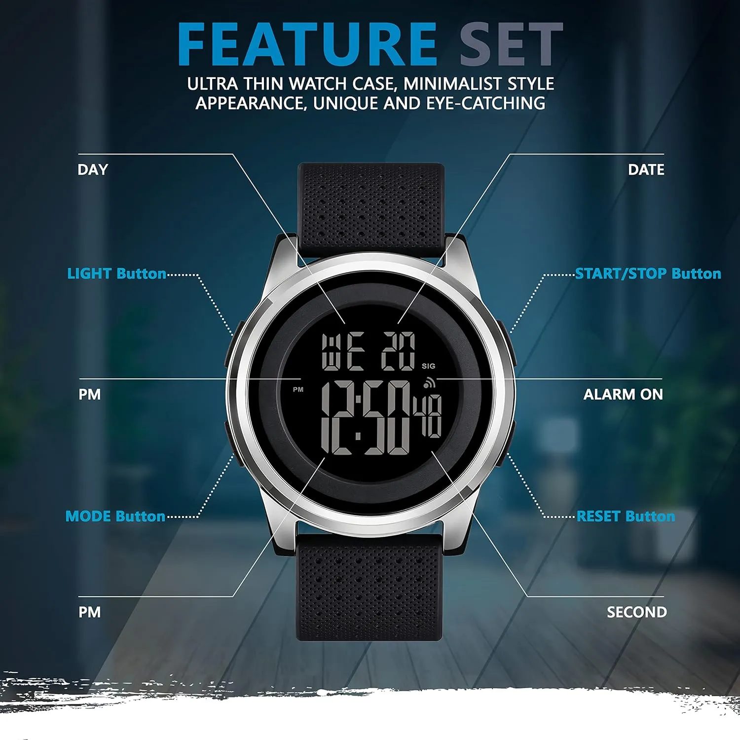 D Dash Ultra-Thin Minimalist Sports Waterproof Digital Watches Men with Wide-Angle Display Rubber Strap Wrist Watch for Men Women
