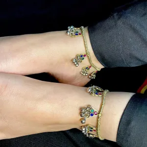 Ethnic Multicolor Pair Glass Stone Bells Anklets