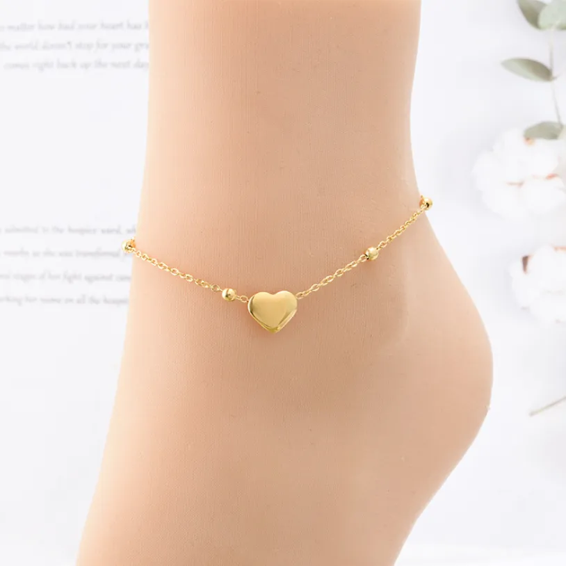 Gold Color Fixed Non-slip Beaded Love Heart Chains Anklets For Women