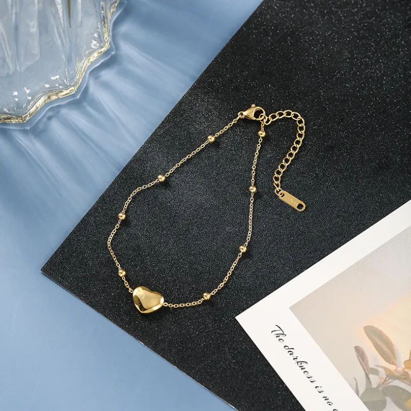 Gold Color Fixed Non-slip Beaded Love Heart Chains Anklets For Women