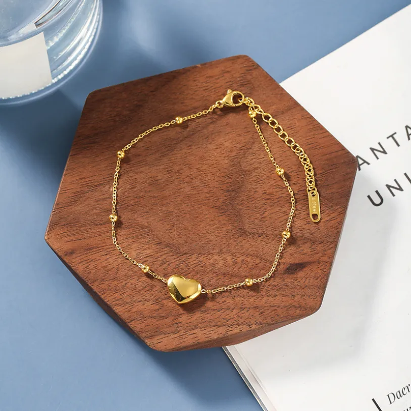 Gold Color Fixed Non-slip Beaded Love Heart Chains Anklets For Women