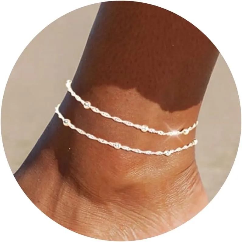Gold/Silver Ankle Bracelets for Women Trendy Layered Beads Chain Anklets Non Tarnish Waterproof Beaded Anklets Bracelets Summer Beach Hawaii Foot Jewelry Accessories