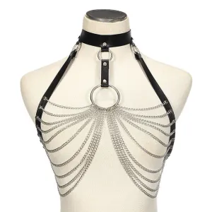 Goth leather body harness chain bra top chest chain belt witch gothic punk fashion metal girl festival jewelry accessories