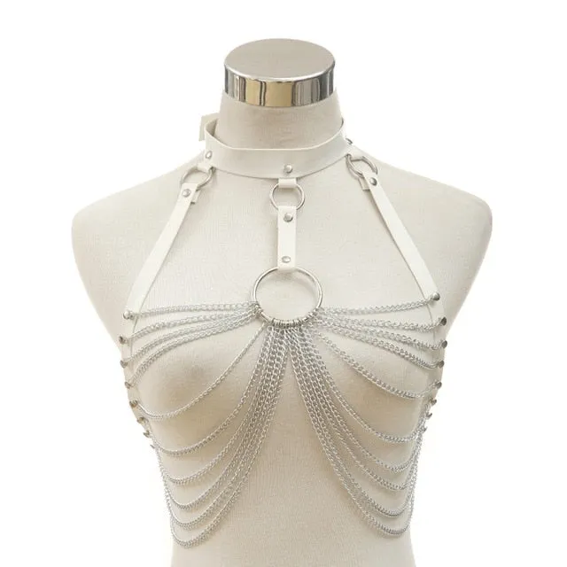 Goth leather body harness chain bra top chest chain belt witch gothic punk fashion metal girl festival jewelry accessories