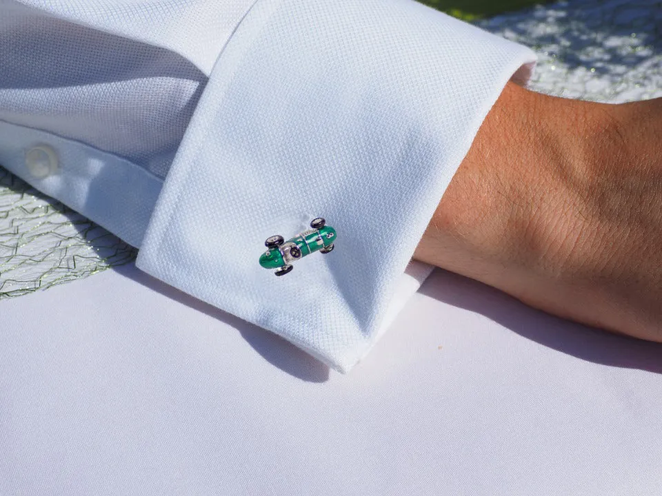 Green Racecar Silver Cufflinks