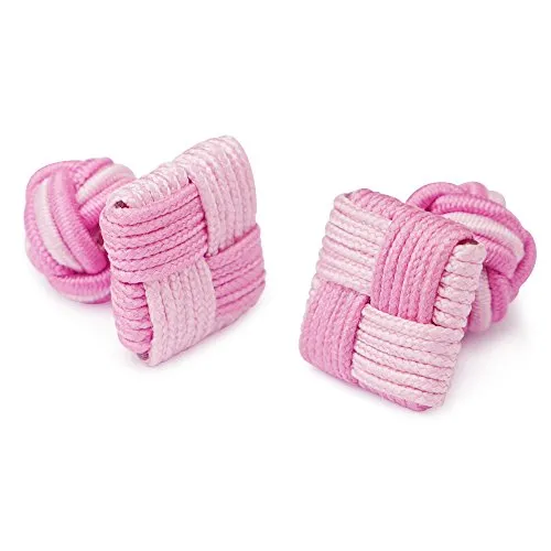 HONEY BEAR Silk Knot Cufflinks Fabric for Mens/Women Shirt/Dress, for Business Wedding Gift, Square Shape (Pink)