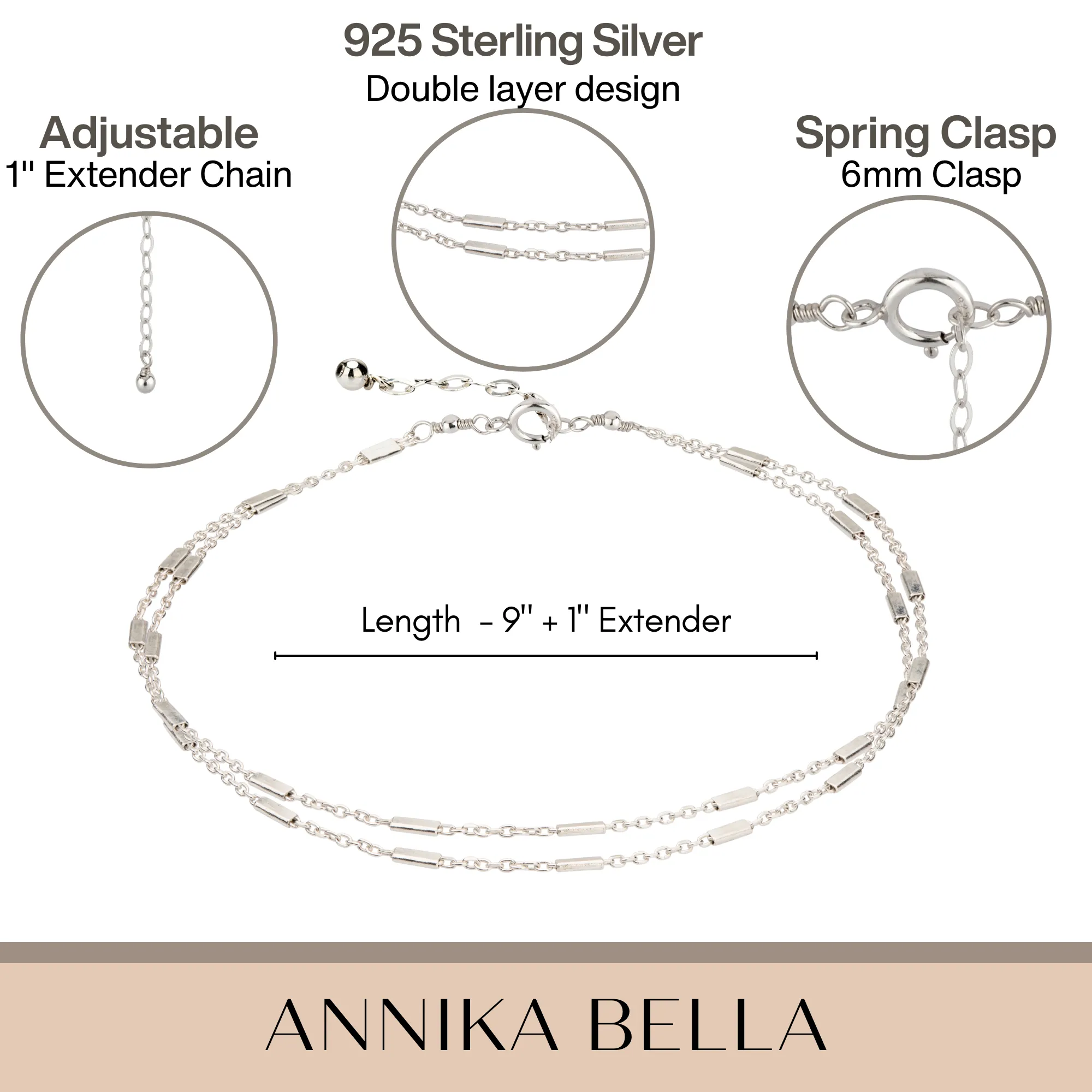 Layered Silver Ankle Bracelet with Tiny Tubes Chain, Beach Ankle