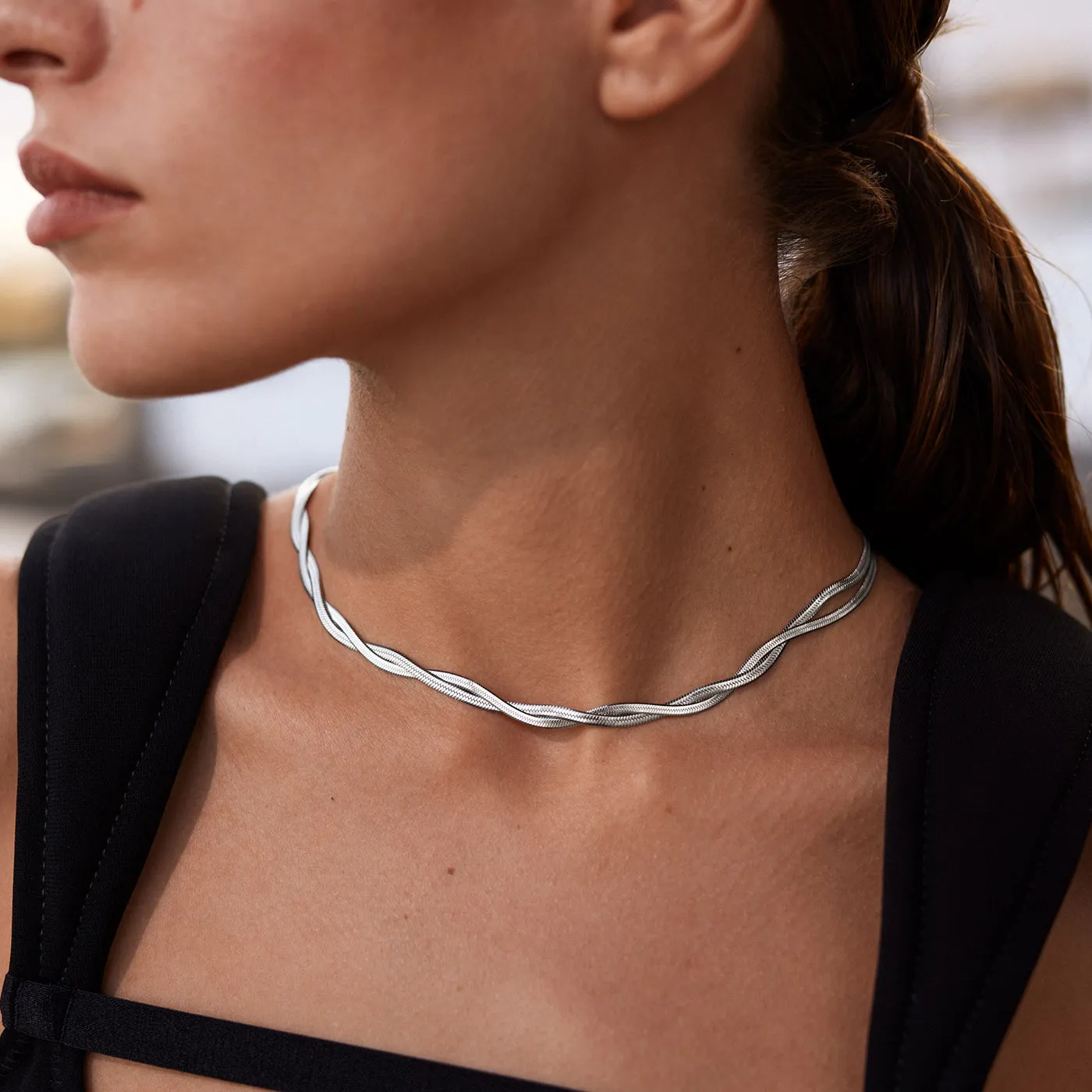 Élevé Twisted Snake Necklace, Silver Colour
