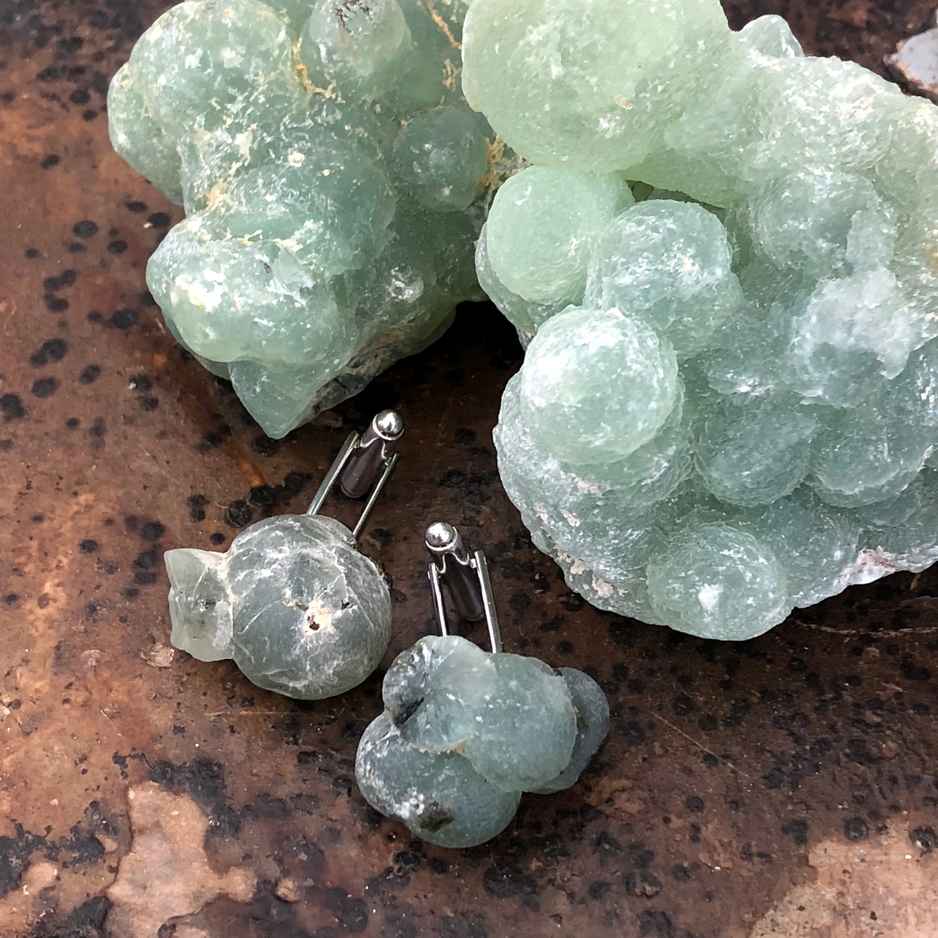 Prehnite Cufflinks. Prehnite crystal, raw stone cuff links