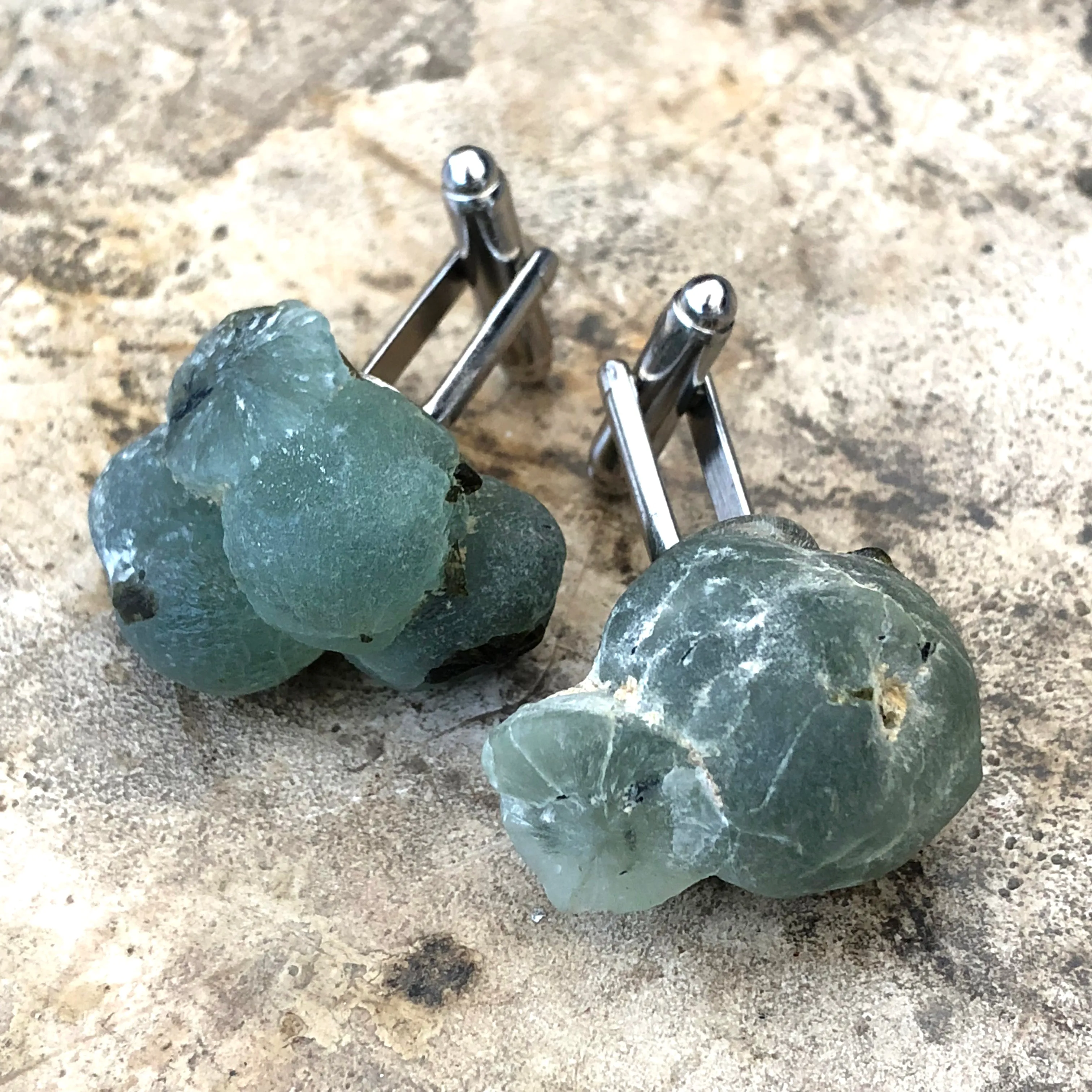 Prehnite Cufflinks. Prehnite crystal, raw stone cuff links
