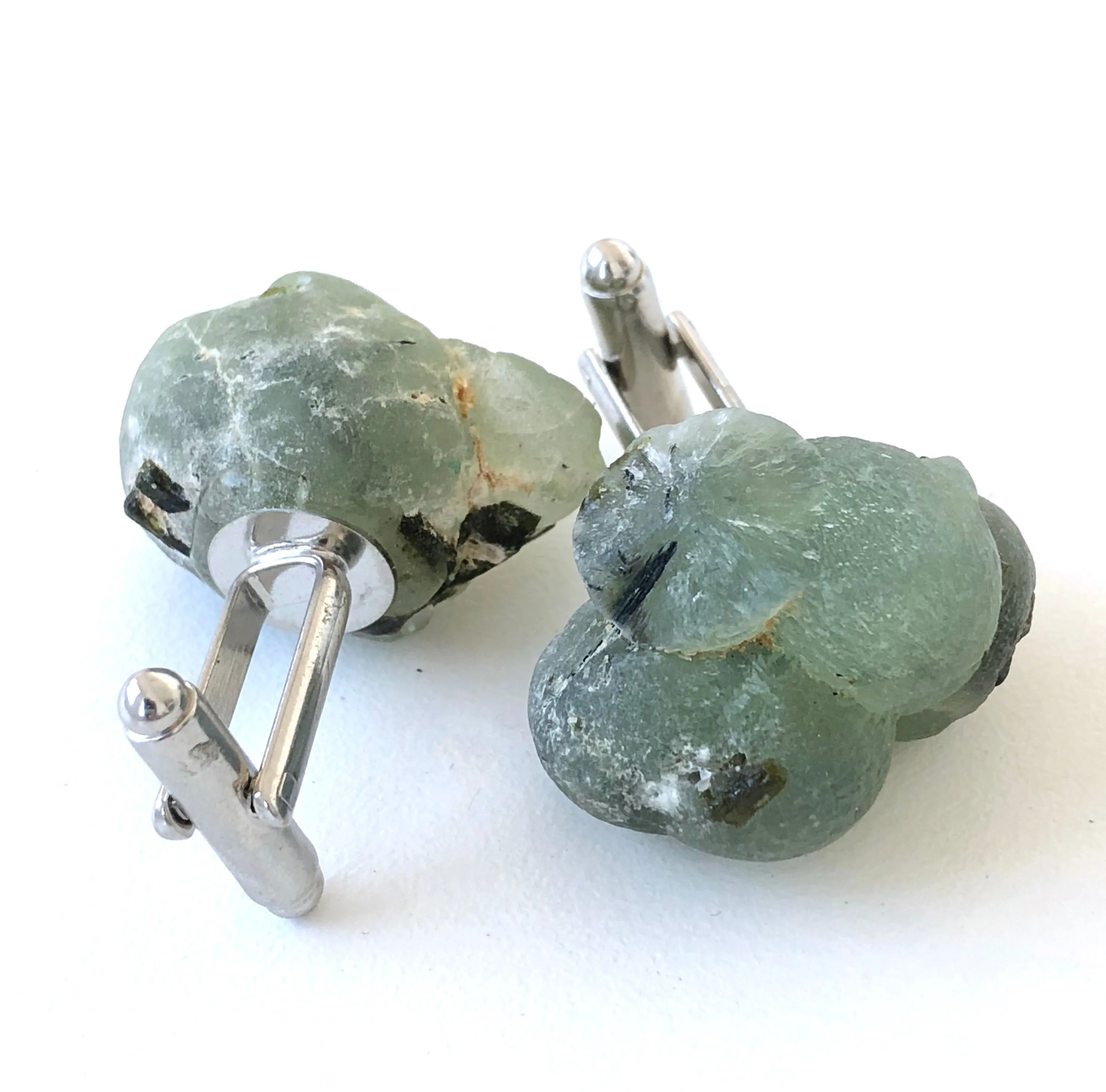 Prehnite Cufflinks. Prehnite crystal, raw stone cuff links
