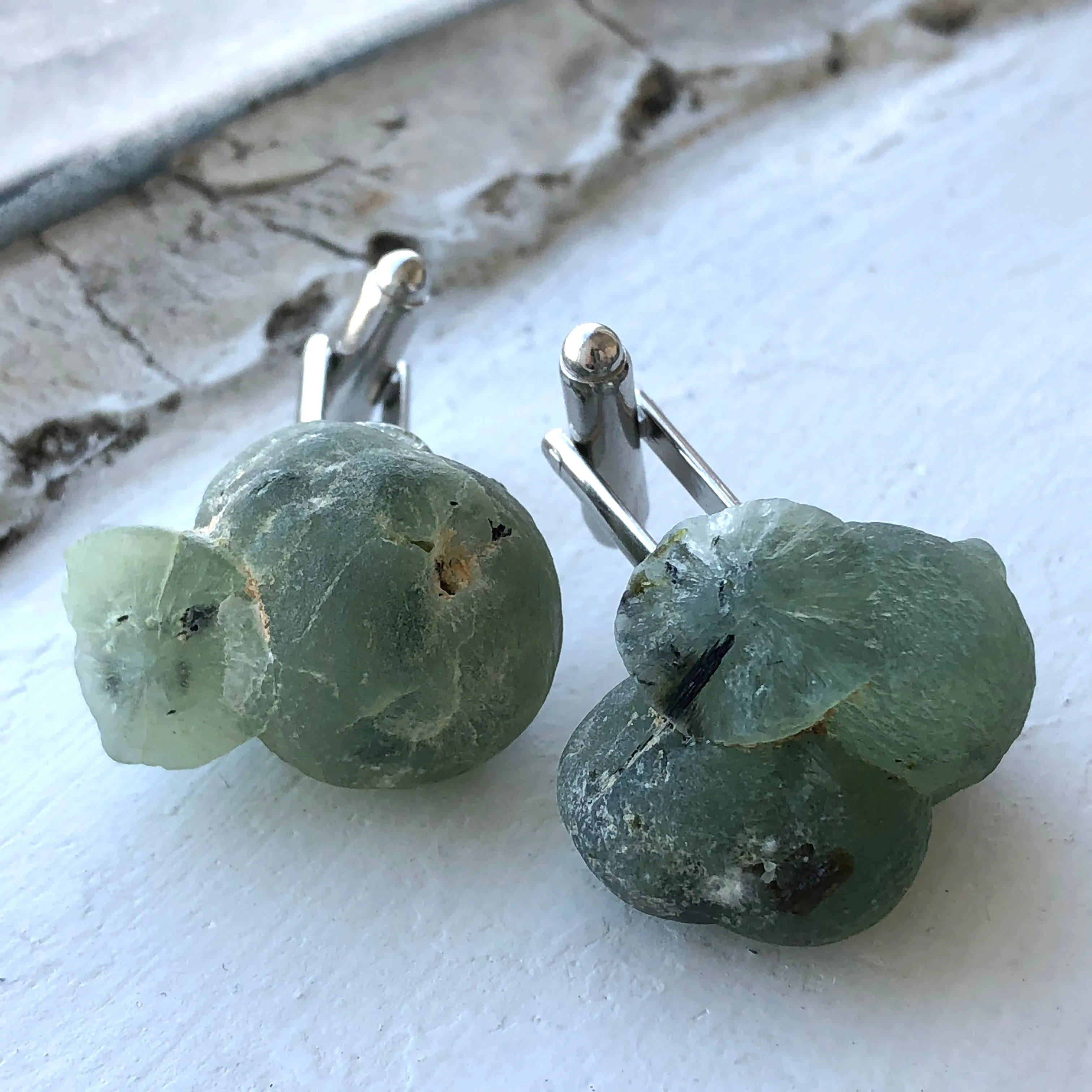 Prehnite Cufflinks. Prehnite crystal, raw stone cuff links