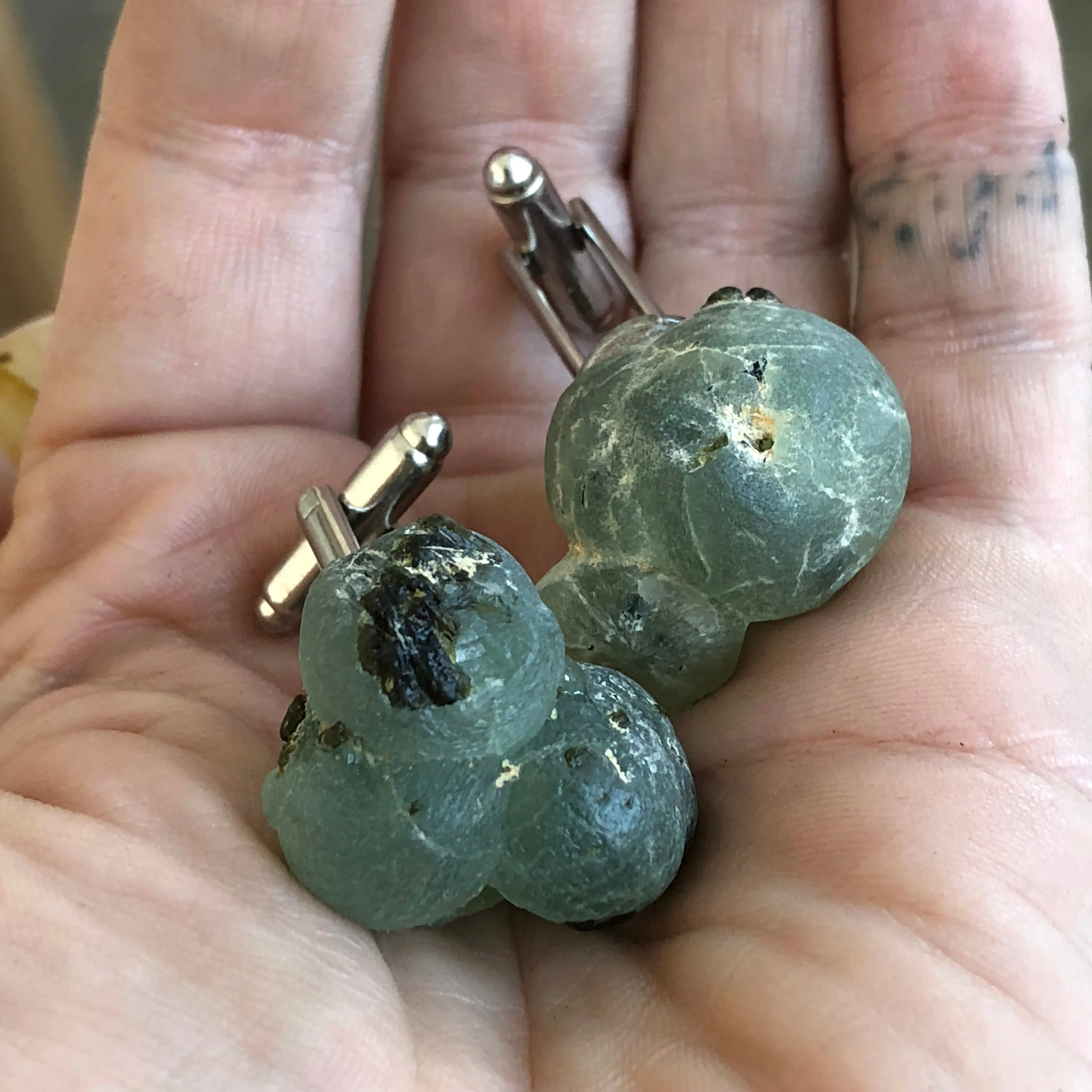 Prehnite Cufflinks. Prehnite crystal, raw stone cuff links