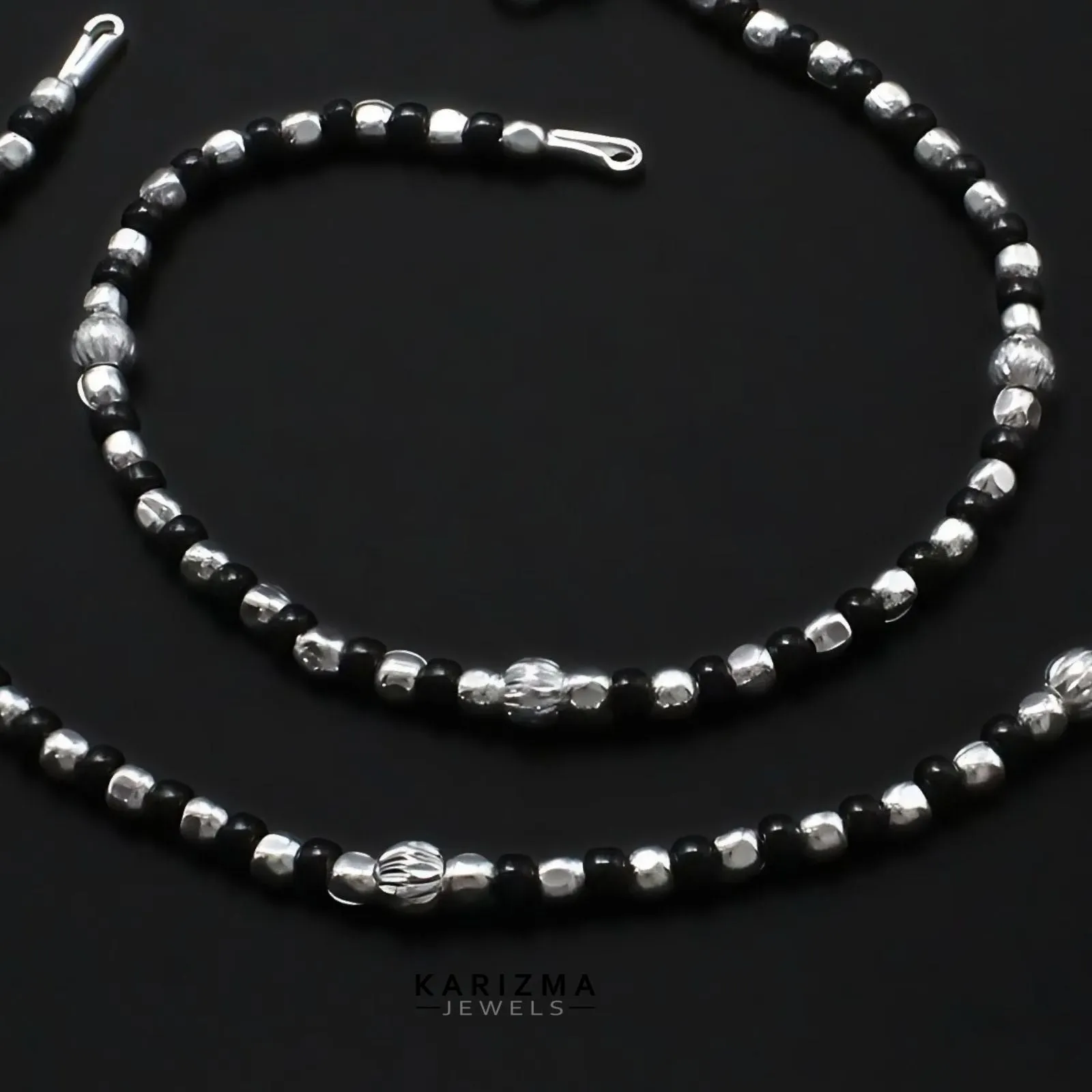 Real Sterling Silver women Excellent black beads Anklet Pair 10"