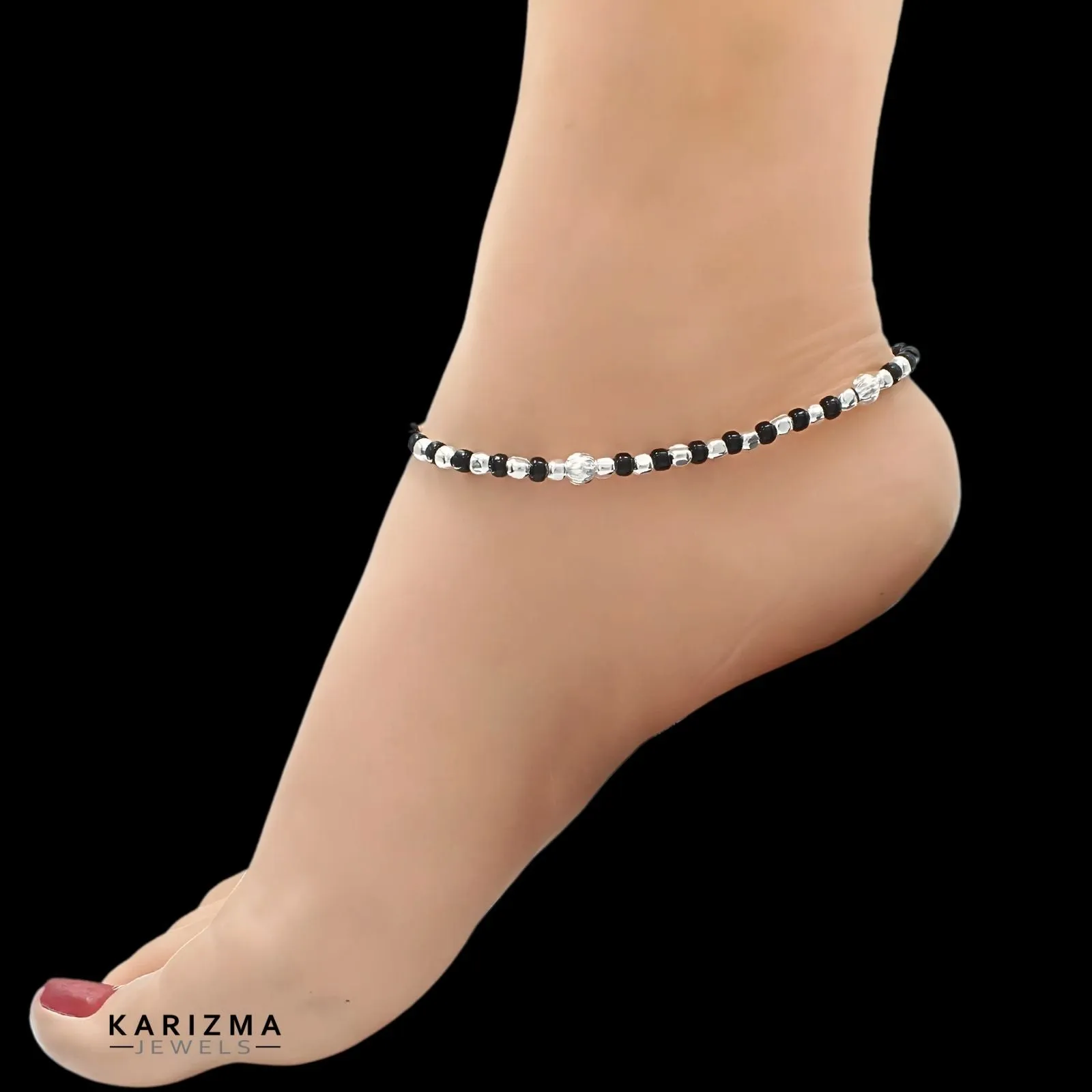 Real Sterling Silver women Excellent black beads Anklet Pair 10"
