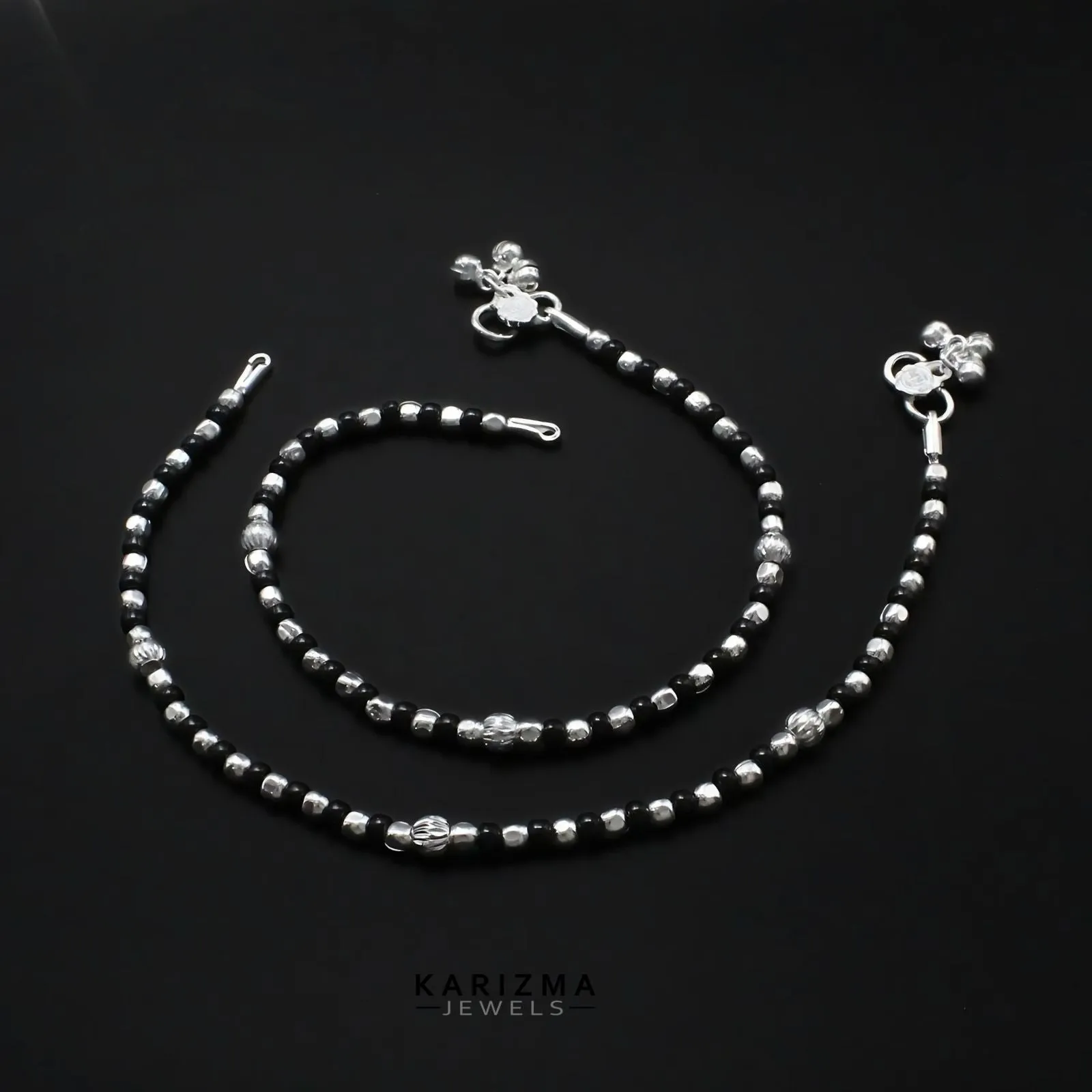 Real Sterling Silver women Excellent black beads Anklet Pair 10"