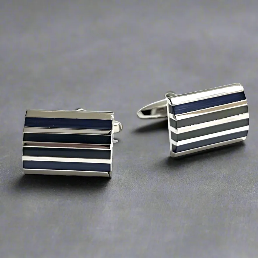 Rectangle Horizonal Silver and Blue Grey Enamal Cufflinks
