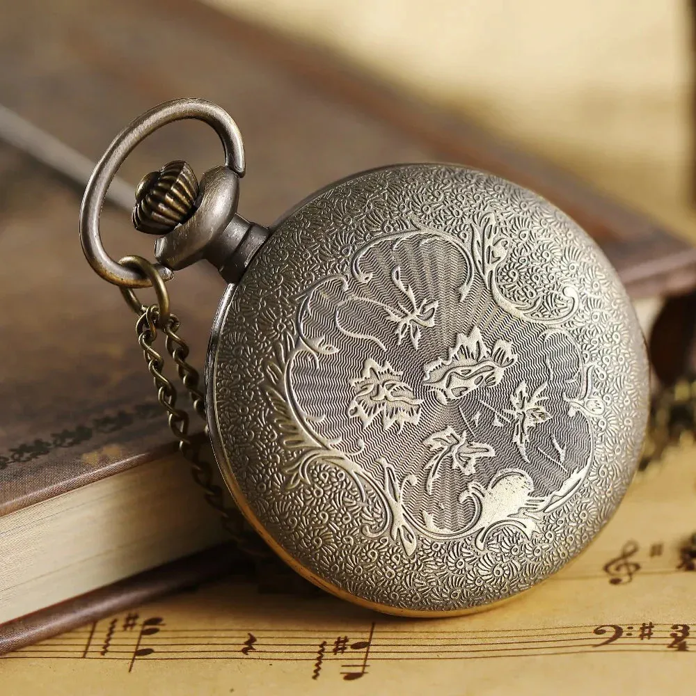 Retro Unisex Transparent Art Pattern Open Face Quart Pocket Watch