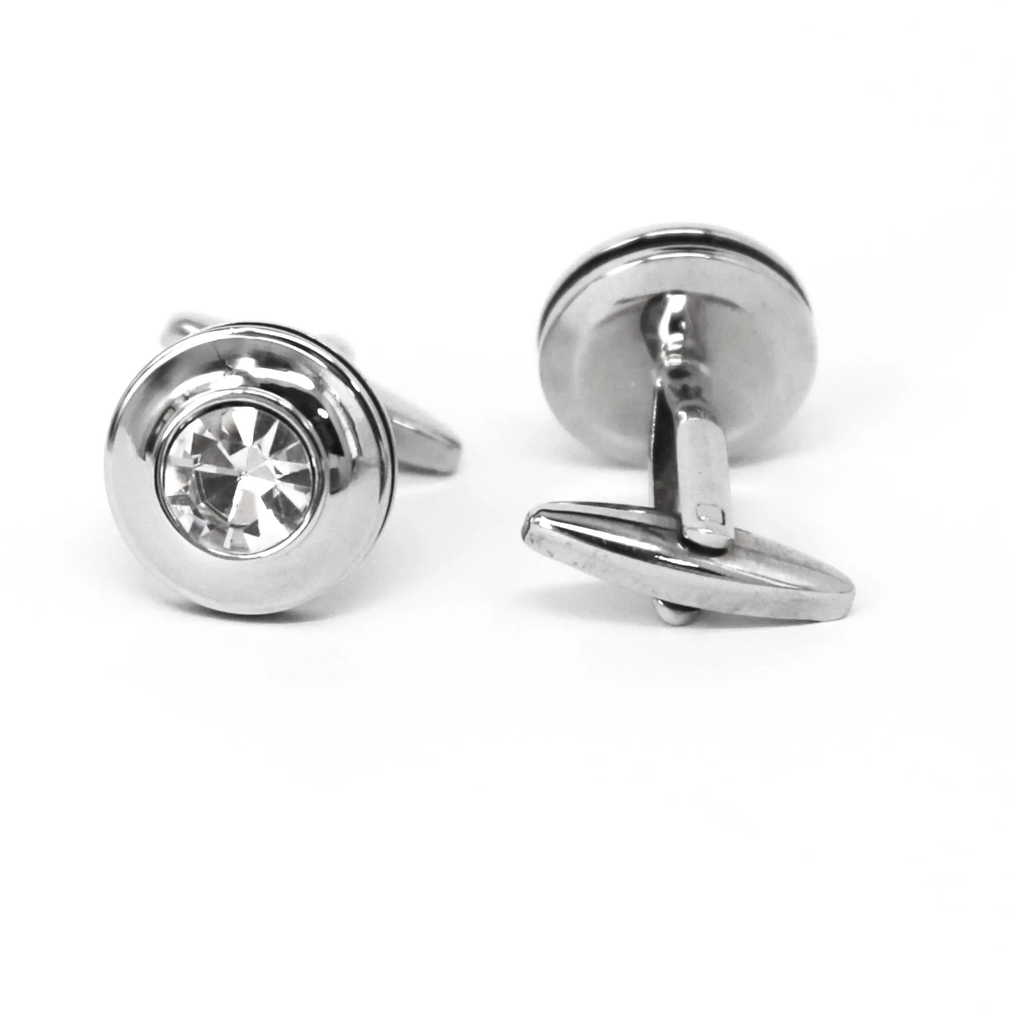 Round Silver One Clear Diamond Crystal Cufflinks  (Online Exclusive)