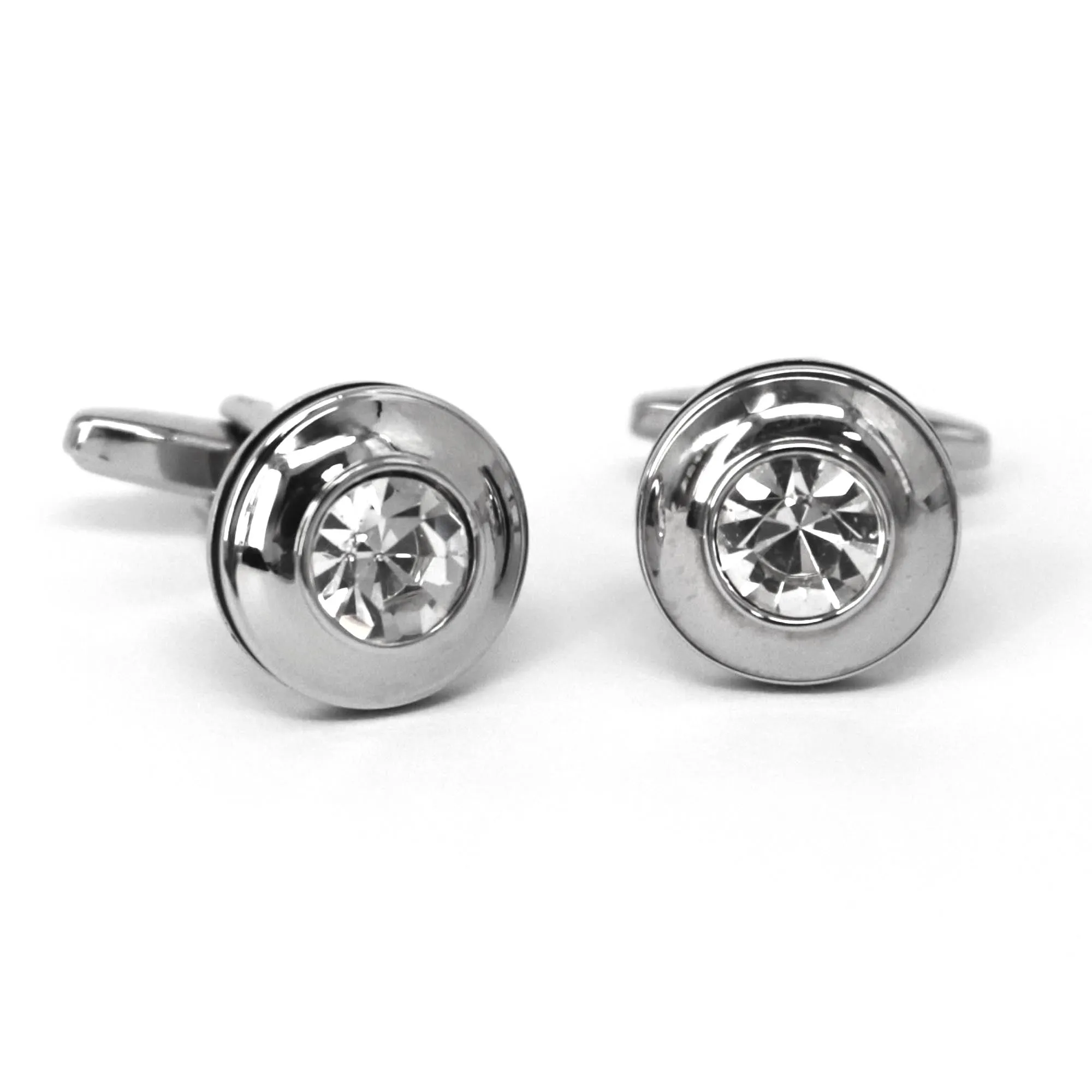 Round Silver One Clear Diamond Crystal Cufflinks  (Online Exclusive)