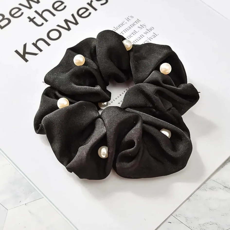 Satin Silk Pearl Hair Scrunchies – Stylish Elastic Hair Accessories