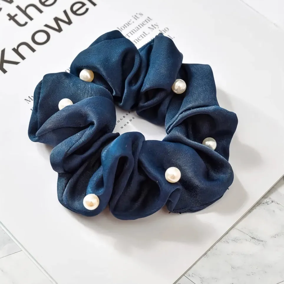 Satin Silk Pearl Hair Scrunchies – Stylish Elastic Hair Accessories