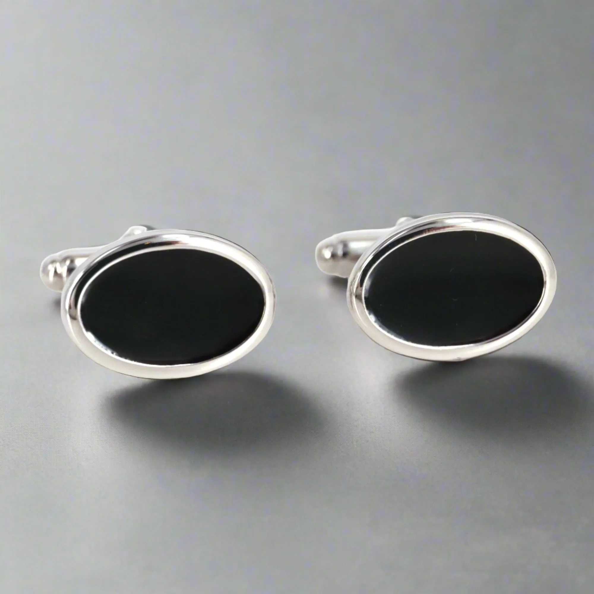 Silver with Black Enamel Oval Cufflinks