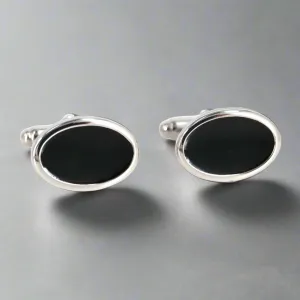 Silver with Black Enamel Oval Cufflinks