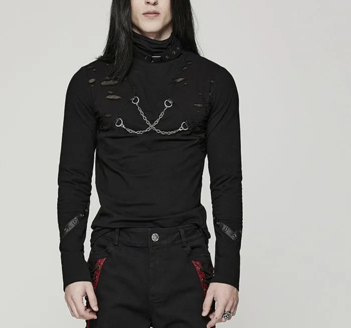 Stand Collar Ripped Long Sleeve Shirt w/ Chains