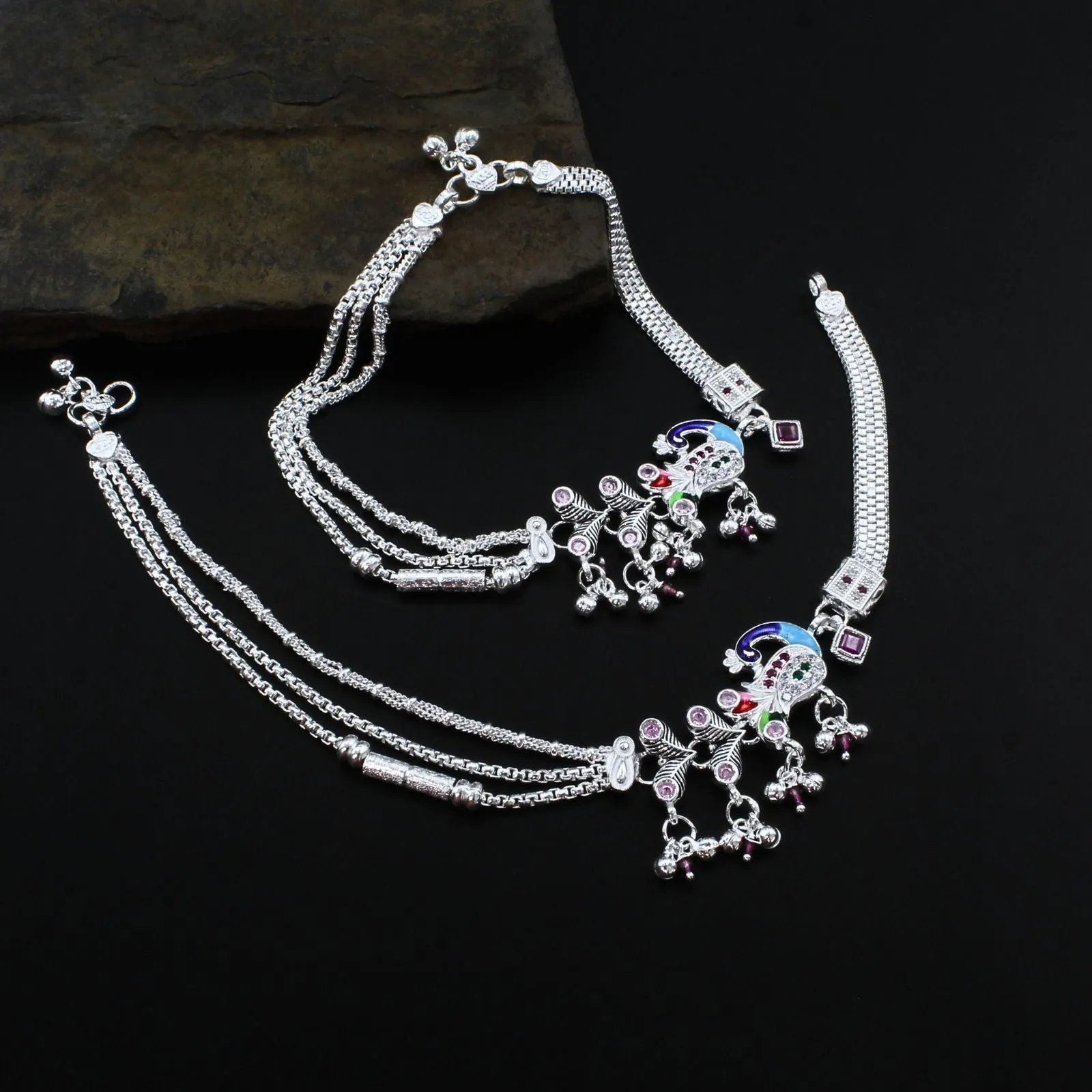 Traditional Real Silver CZ Peacock Style Anklets Ankle Pair 10.5"
