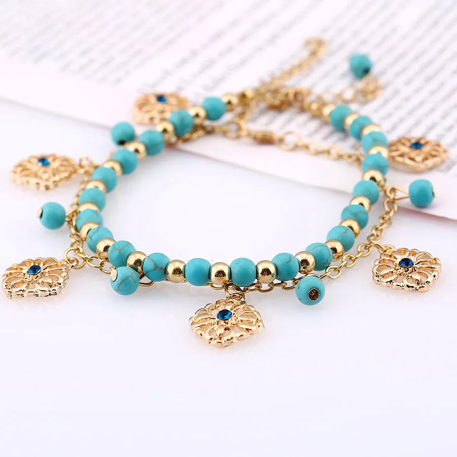 Turquoise Hollow Rose Flower Pendant Tassel Two-piece Combination Anklet