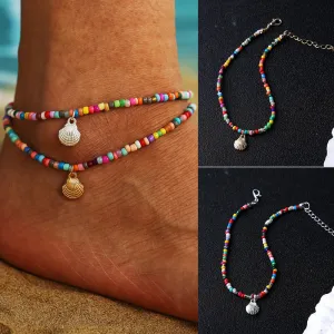 Wholesale bohemian style color beaded vintage alloy scallop anklet JDC-AS-YeB040