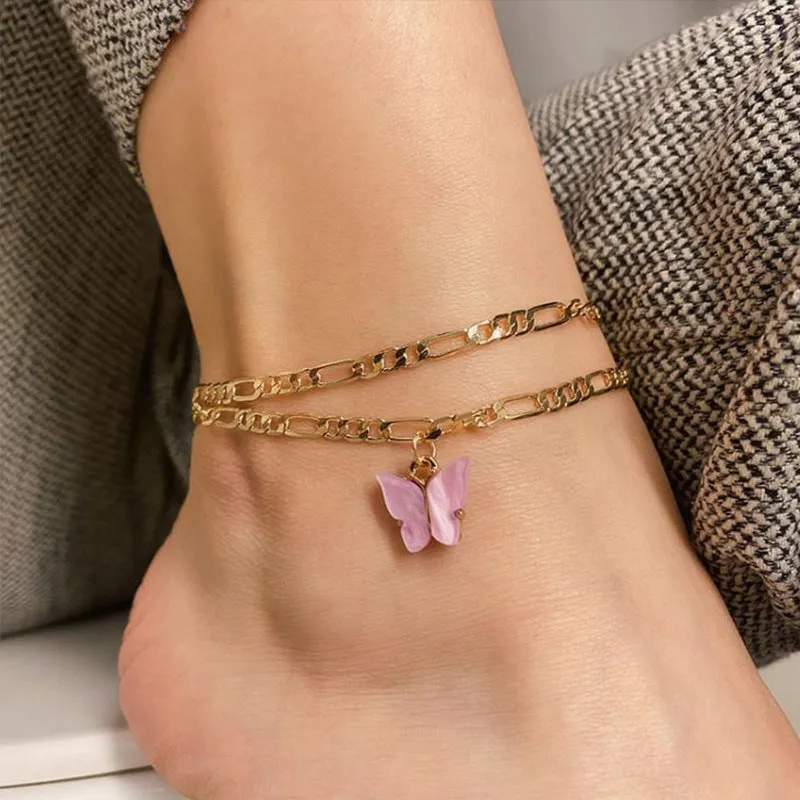Wholesale Double Layer Color Butterfly Women Anklet Boho MOQ≥2 JDC-AS-ChuJ004